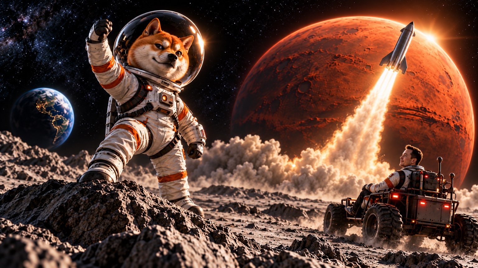 A rocket lifts off from grey lunar terrain toward distant Mars as LUNABORKO celebrates; a fictional human figure watches.